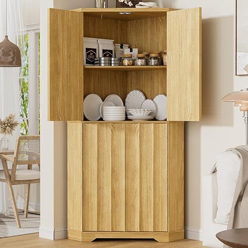 Corner Cabinet, 68" Kitchen Pantry Cabinet, 4-Tier Fluted Storage Cabinet with 4 Doors & Shelves, Tall Food Pantry Hutch for Living Room, Kitchen, Dining Room, Natural