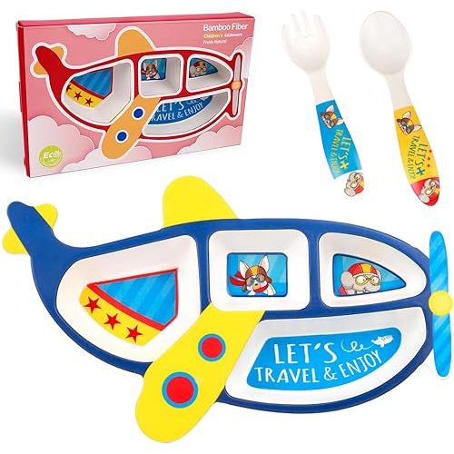 Kids Dinnerware Set 3 Pieces Includes Plate and Utensil Tableware, Non-BPA Bamboo Fiber Material Perfect for Boys (Plane, 3-Piece Set)