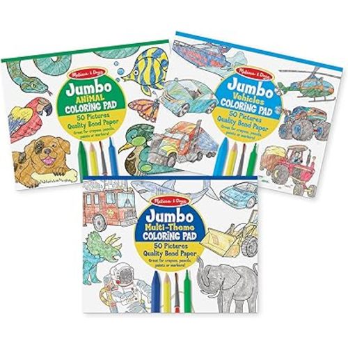 Melissa & Doug Jumbo 50-Page Kids' Coloring Pads 3-Pack - Animals, Vehicles, and Multi-Themed - FSC Certified