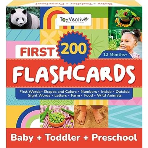 ToyVentive First 200 Flashcards, 1-4 Year Old Alphabet, Number, Color, Shapes, Animal, Learning Flash Cards Activities for Toddlers and Preschool, Toddler Speech Development Toys and Learning Cards
