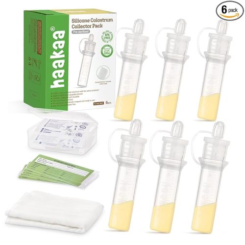 haakaa Colostrum Collector with Storage Case Set, Included 1 pc Reusable Cotton Wipe and Storage Box (0.1oz/4ml, 6 pcs)
