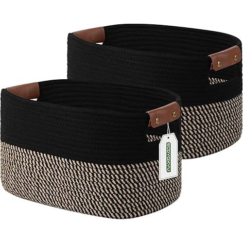 Cotton Rope Basket , Storage Baskets with Handle, 15x10x9 Inch Woven Basket for Shelves, Laundry, Towels, Clothes, Books, Toys (Black Brown 2 Pack)