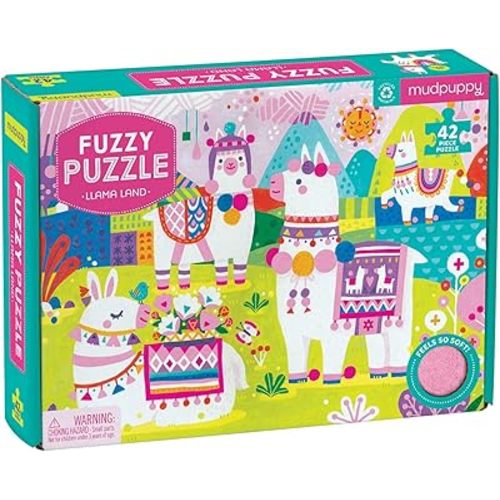 Mudpuppy Llama Land Fuzzy Puzzle, 42 Chunky Pieces, 15”x11” – for Ages 3+ - Puzzle Features Bright, Colorful and Whimsical Llamas with Soft Embellishments Throughout – Fun Sensory Puzzle