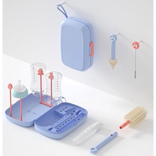 Portable bottle cleaning kit, 7in1 Baby Bottle cleaner Travel Silicone Travel Bottle Brush Set, Nipple, Drying Rack, Straw, & Breast Pump, Soap Dispenser & Baby Bottle Drying Rack, Gift for Mom (Blue)