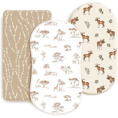 GRSSDER Stretchy Ultra Soft Fitted Bassinet Sheets 3 Pack, Universal Fit for Baby Cradle Moses Basket Oval Rectangle Mattress Safe and Snug, Free Animals Stylish Print