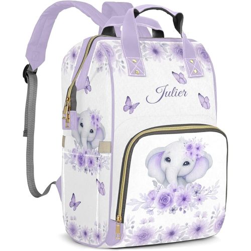 Cute Purple Elephant Custom Baby Girls Diaper Bag - Large Capacity Personalized Diaper Bag Backpack with Name, Waterproof Mom Customized Travel Daypack Newborn Nappy Nursing Bag