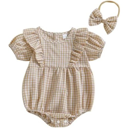 Douhoow Baby Girl Plaid Romper Flying Sleeve Baby Bubble Romper Ruffle Baby Bodysuit Spring Summer Clothes with Headband