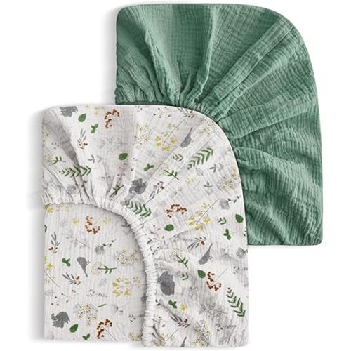 2 Pack Soft Muslin Baby Crib Sheets, 100% Cotton Breathable Double Layer Fitted Sheets for Standard Crib and Toddler Bed Mattresses 28x52 Inches, for Baby Girls and Boys (Roman & Floral