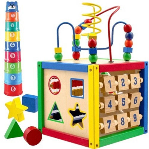 Wooden Activity Cube with Bead Maze, Shape Sorter, Abacus Counting Beads, Counting Numbers, Sliding Shapes - 5 in 1 - Play22Usa