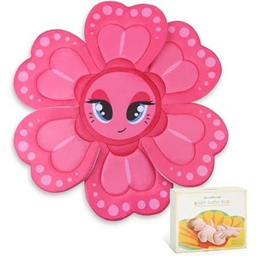 Flower Baby Bath Pad - Ultra Soft Infant Bathtub Mat with Non-Slip Petal Design, Newborn Bathing Lounger Insert for Sink or Tub, Pink Butterfly Theme