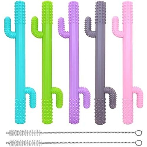 Hollow Teething Tubes Toys for Babies Girls Boys, 5 Pack Silicone Baby Teether Toy Tube for Infants with Nursing Biting Chewing, Chew Straws for Toddlers 6-12 Months (Style D)