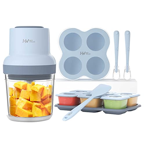 HEYVALUE Baby Food Maker, 13-in-1 Baby Food Processor Gift Sets for Baby Food, Fruit, Vegatable, Meat, Baby Food Blender with Baby Food Containers, Baby Food Freezer Tray, Silicone Spoons, Silicone Spatula (Light Blue)