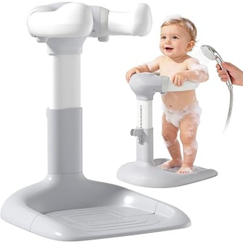 Upgraded Baby Shower Stand with Anti-Pinch Silicone & Anti-Slip Base, Adjustable Height Baby Bath Standing Support, Soporte para Bañera de Bebé Assist Holder for 6-36 Months Toddler, Ideal Gift, Gray