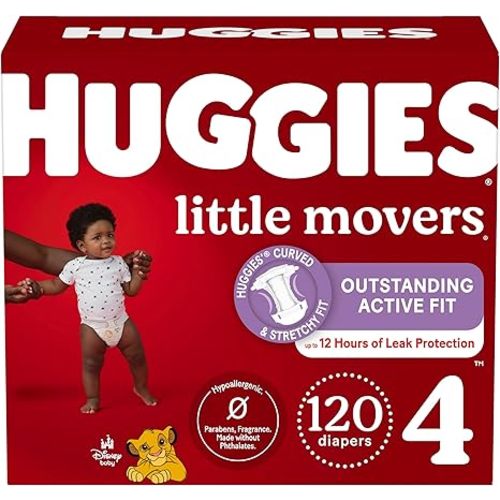 Huggies Size 4 Diapers, Little Movers Baby Diapers, Size 4 (22-37 lbs), 120 Count, Packaging May Vary