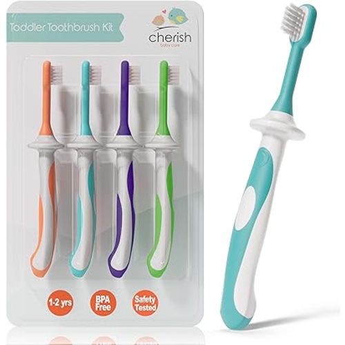Cherish Baby Care Toddler Toothbrush 1-2 Years (4-Pack) - BPA-Free & Safety-Tested Kids Toothbrush, Designed by a Pediatric Dentist, Soft-Grip Toothbrush for 1 Year Old (Multi)