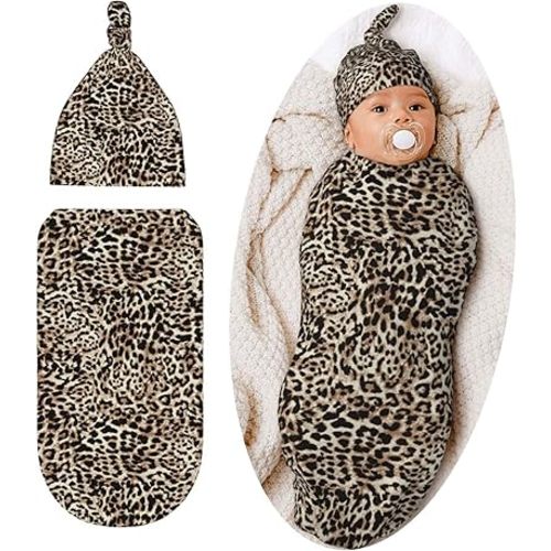 Leopard Print Newborn Swaddle Blankets Cheetah Print Baby Stuff Soft Swaddling Blanket With Beanie Sets Gifts For Infant Boys Girls