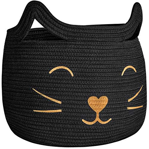 HiChen Large Woven Cotton Rope Storage Basket, Baby Laundry Basket Organizer for Toys, Blanket, Clothes, Towels, Gifts | Pet Gift Basket for Cat, Dog - 15.7" L×11.8" H, Black
