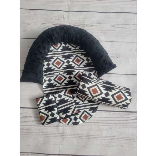 Black Rust Aztec Baby Car seat Cover Bundle Set, Infant Car Seat Cushions, Infant Head Support Pillow, Arm Cushion, Infant Strap Covers