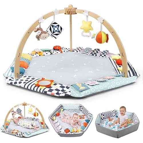 Baby Play Gym Activity Mat, 6 Developmental Zones Wooden Tummy Time Mat with 7 Detachable Sensory Toys for Motor Skill & Sensory Development, Baby Toys Gift for Toddler Infant 0-6-12-18 Month