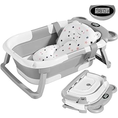 TPN Collapsible Baby Bathtub for Infants to Toddler with Real-time Temp Monitor+Floating Cushion,Foldable Baby Bath Tub Set Applicable 0-36 Month,Perfect Portable Travel Baby Tub for Newborns Boy