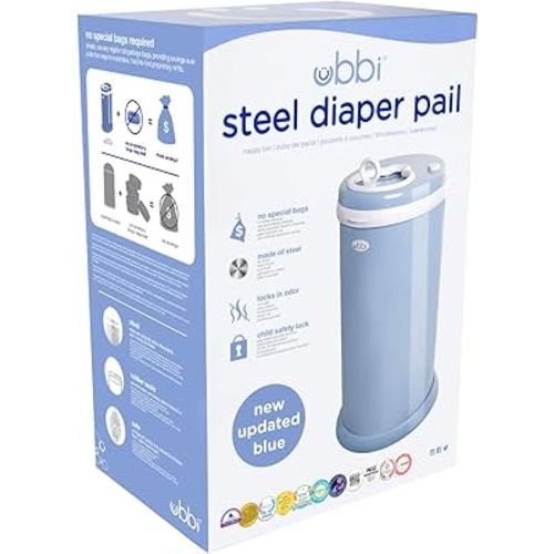 Ubbi Steel Diaper Pail, Odor Locking, No Special Bag Required, Award-Winning, Registry Must-Have, Cloudy Blue