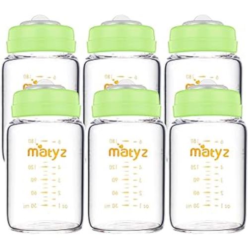 Matyz Glass Breastmilk Storage Bottles, 6 Pack, 6 oz, Compatible with Spectra Medela Breast Pump - Store, Freeze, Warm Up Milk Well - Wide Mouth Breastmilk Storage Containers - No BPA (Green Lids)