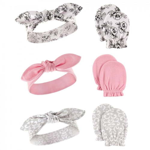 Hudson Baby Infant Girl Cotton Headband & Scratch Mitten Set, Toile, 6-Piece