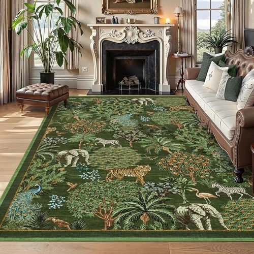 GarveeHome Jungle 8x10 Area Rug Washable Rugs for Living Room, Forest Rug Non Slip Low Pile Soft Indoor Stain Resistance Animal Print Carpet for Bedroom Dining Room Playroom Nursery, Dark Green