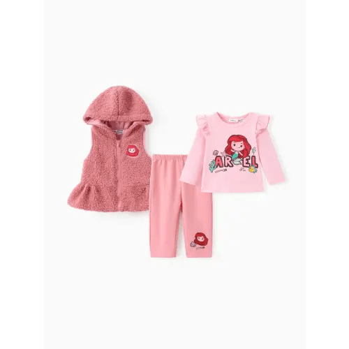 Disney Princess Baby Girl 3pcs Ariel Cotton Hooded Vest Ruffled Long-sleeve Top And Pants Set Only $46.99 PatPat US Mobile