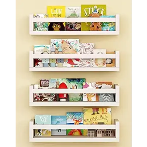 Set of 4 Wall-Mounted Kid's Bookshelf - White Floating Nursery Book Shelves - Durable Wood Construction - Ideal for Nursery Decor, Kids Room, Toy Storage