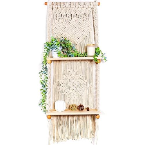 Macrame Wall Hanging Shelf (Tier 2, Natural White)