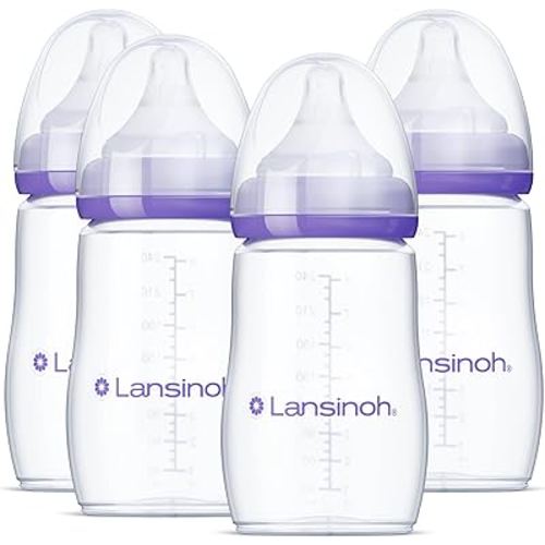 Lansinoh Anti-Colic Baby Bottles for Breastfeeding Babies, 8 Ounces, 4 Count, Includes 4 Medium Flow Nipples, Size M