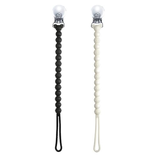 RaZbaby Silicone Pacifier Holder 2 Pack, RaZzies Durable Textured Lanyard Fits Most Pacis Toys, 100% Soft BPA-Free Silicone, Attachable Clasp, Universal Fit, Lightweight – Black/White