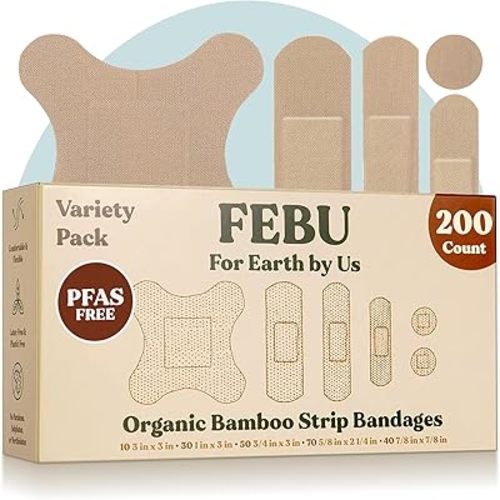 FEBU Organic Bamboo Fabric Bandages | PFAS Free | Flexible & Latex Free | Compostable | 200 Count Bulk Variety Pack