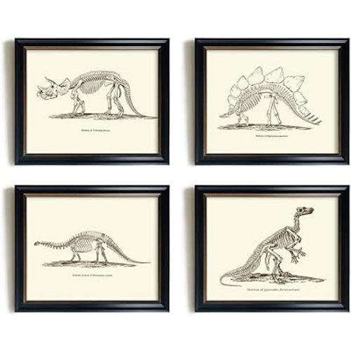 Vintage Dinosaur Skeleton Wall Art for Bedroom, Retro Funny Dino Bone Animal Sketch Nursery Decor Picture for Boy Son, Modern Rustic Educational Beige Museum Poster Print for Office Bathroom Classroom