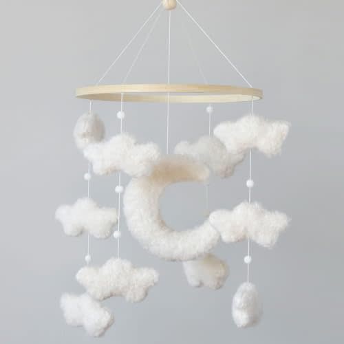 Goukurlsma Boucle Cloud Moon Crib Mobile Boho Baby Mobile for Crib Neutral Nursery Mobile for Boys & Girls