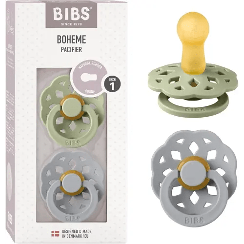 BIBS Pacifiers - Boheme Collection | BPA-Free Baby Pacifier | Made in Denmark | Set of 2 Sage/Cloud Color Premium Soothers | Size 0-6 Months