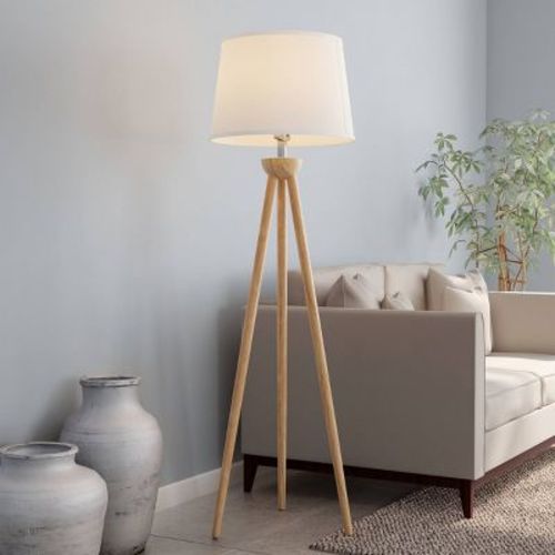 Tripod Floor Lamp: Modern Wood, Ellis Design, 58" Tall, Linen Shade, E26 Base