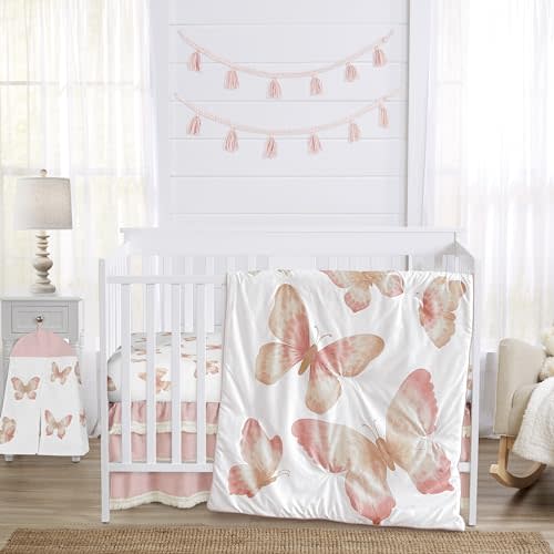 Sweet Jojo Designs Pink and Taupe Boho Butterfly Girl Baby Crib Bedding Set Infant Nursery Room Blanket Fitted Sheet Skirt Diaper Stacker 4pc Ivory Tan Bohemian Shabby Chic Watercolor Fringe Tassel