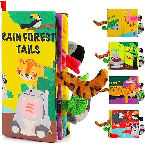 beiens Baby Books Toys, Touch and Feel Crinkle Cloth Books for Babies, Infants & Toddler, Early Development Interactive Car & Stroller Soft Toys for Boys & Girls (Rainforest Tails-1 Book)