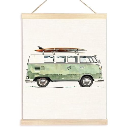 BESERH Surf Wall Art Decor, Retro Beach Green Surfing Van Poster Hanger Frame, Surf Room Decor, Beachy Room Decor Aesthetic, Summer Room Decor, Coastal Beach Wall Art, Beach Wall Decor, 12x16 Inches