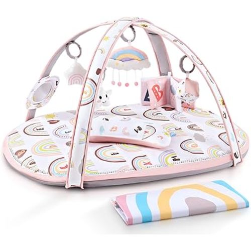 Baby Play Gym Mat, ZILLYBEE Activity Gym & Plat Mat for Child Baby Girls, 7 in 1 Tummy Time Stage-Based Mat for Infant Sensory & Motor Skills Development