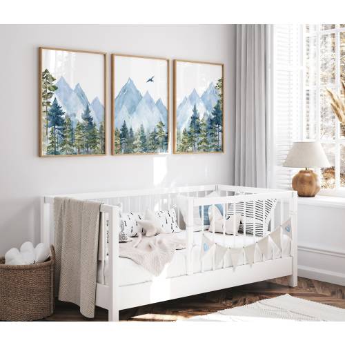 Blue Mountain Nursery Decor, Forest Wall Art, Gender Neutral decor, Adventure Forest Print, Mountains Set of (3) UNFRAMED Prints or Canvas