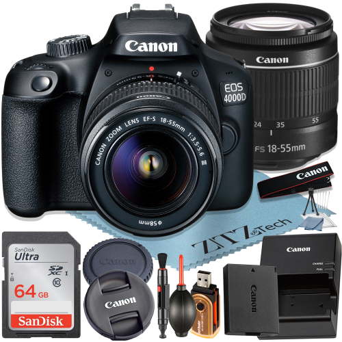 Canon EOS 4000D / Rebel T100 DSLR Camera + EF-S 18-55mm Lens + SanDisk 64GB Memory Card + ZeeTech Bundle (International Model)