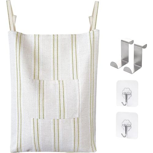 AELS Farmhouse Hanging Laundry Hamper with 2 Hooks, Boho Beige & Green Stripes Laundry Bag with Zipper & Wide Open Top, Over the Door Organizer for Dirty Clothes, Washable Space Saving Storage