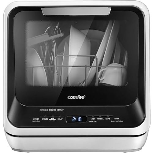 COMFEE' Portable Mini Dishwasher Countertop with 5L Built-in Water Tank for Apartments& RVs, No Hookup Needed, 6 Programs, 360° Dual Spray, 162℉ High-Temp& Air-Dry Function