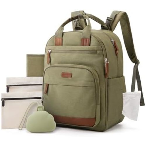 mommore Diaper Bag Backpack with Waterproof Changing Pad, Insulated Bottle Holders & Pacifier Case, Baby Diaper Bag with 2 Organizer Pouches, Stroller Straps, Green