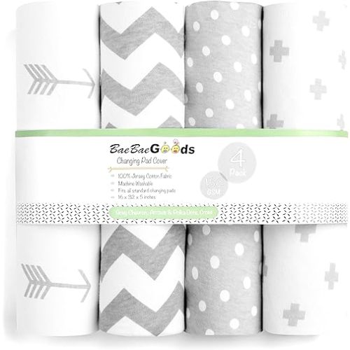 Juego de 4 fundas para cambiador de bebé de alta calidad, funda para cambiador de bebé para niño o niña, lavable a máquina, color gris y blanco, funda para cambiador de pañales