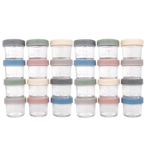 WeeSprout Baby Food Storage Glass Jars w/ Lids (4 oz, 24 Pack) Matte Variety, Snack, Reusable Small Containers, Fridge or Freezer, Microwave & Dishwasher Safe, Essentials for Infants