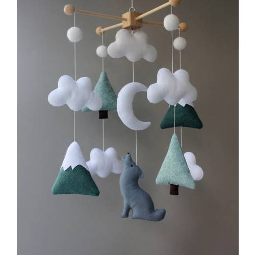 wolf baby mobile for crib, woodland themed nursery, moon nursery ideas, ceiling hangings for nursery, animal themed nursery ideas